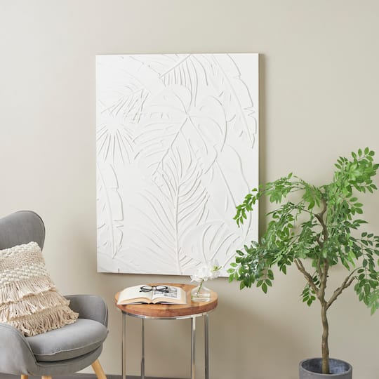 35" x 47" White Wooden Leaf Embossed Wall Décor